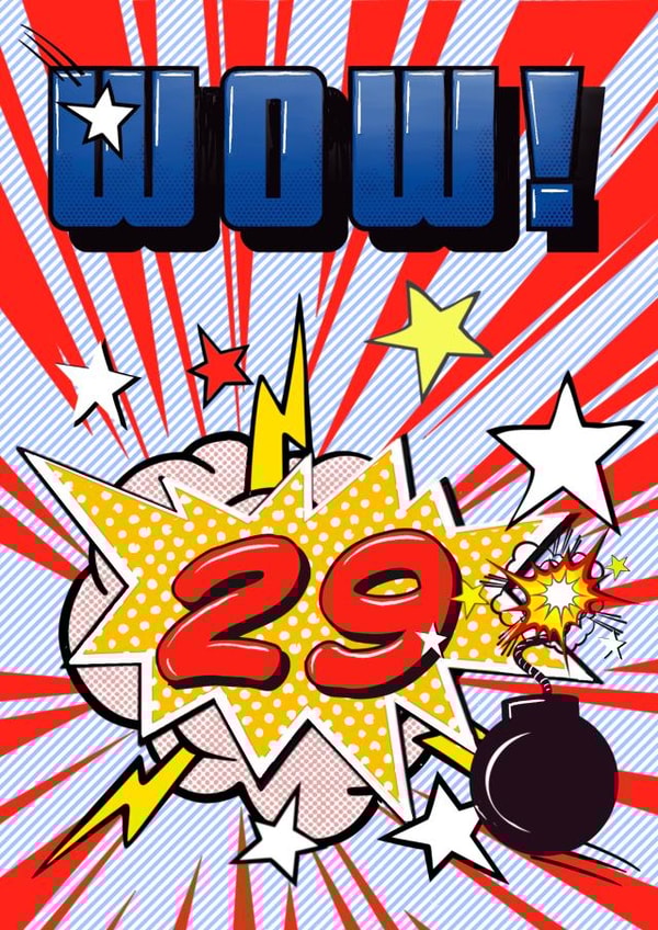 Pop-art, Roy Lichtenstein-style 29th birthday card for male created by June Malone