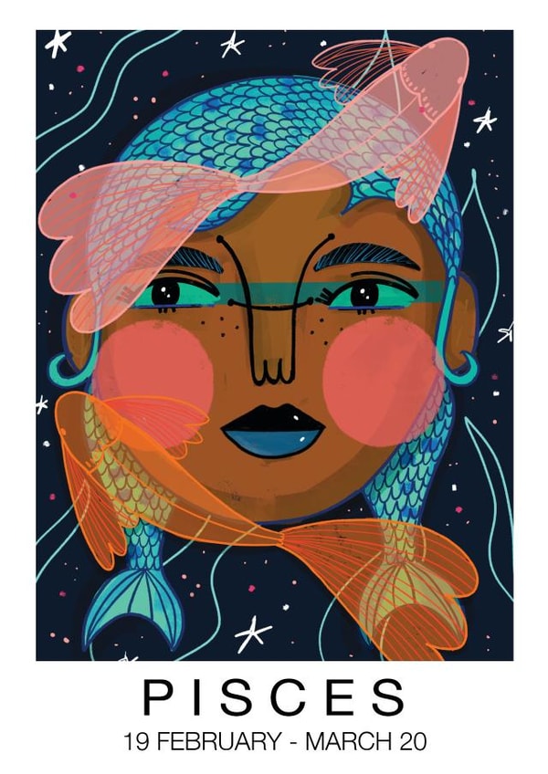 PISCES BIRTHDAY CARD. ZODIAC BIRTHDAY CARD. PERFECT FOR HER. created by NICHOLA COWDERY ILLUSTRATIONS