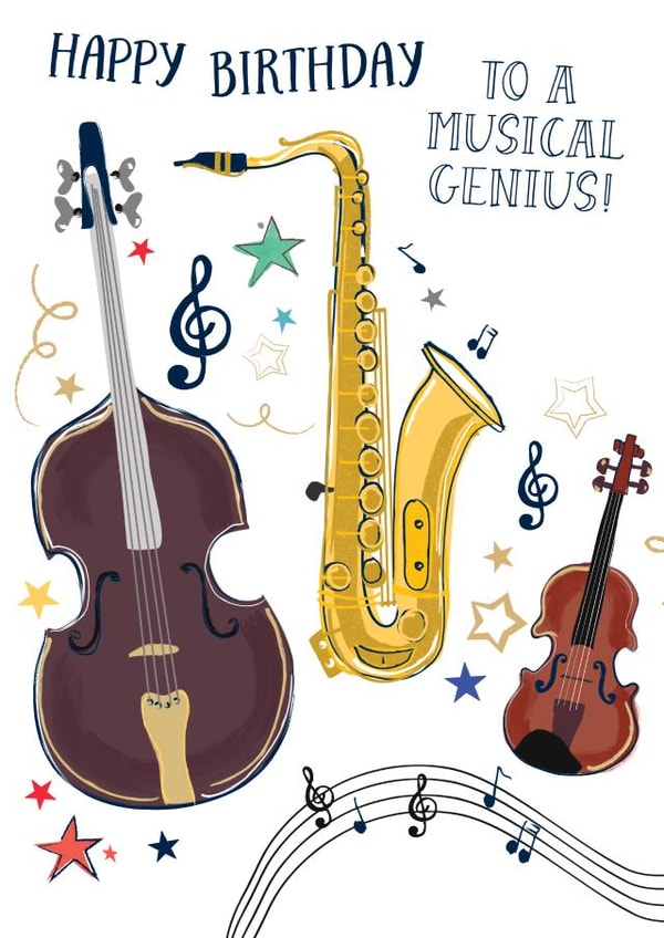 Cute Birthday Card - Musical Genius - Instruments created by Katie Phythian Design