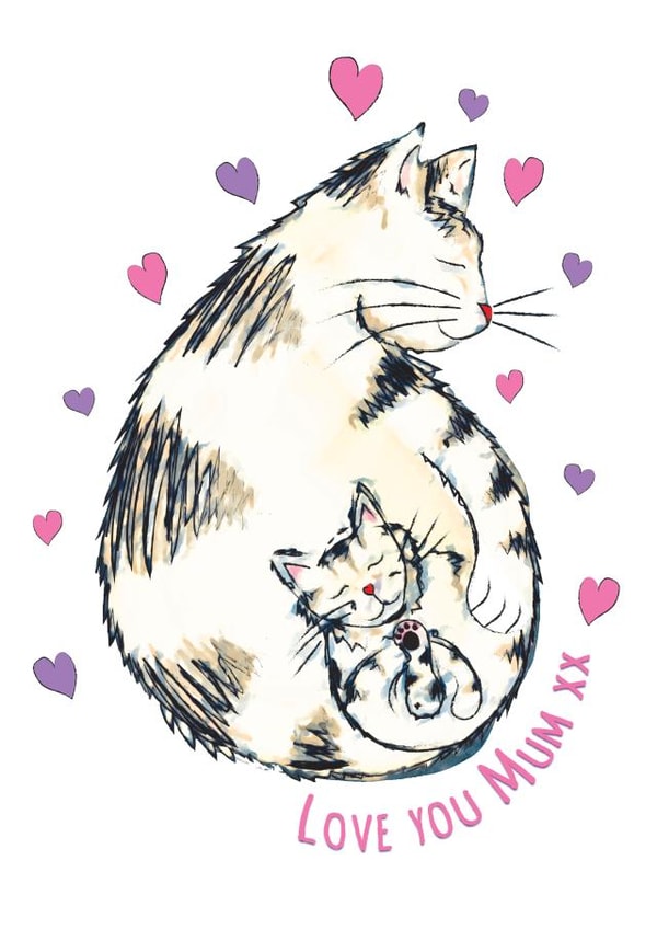 Cute Mother's Day/birthday card for mum featuring cat and kitten illustration. created by Kat Pearson