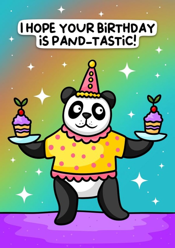 Funny Birthday Card - Pand-tastic - cake loving panda created by Wafflemamaart