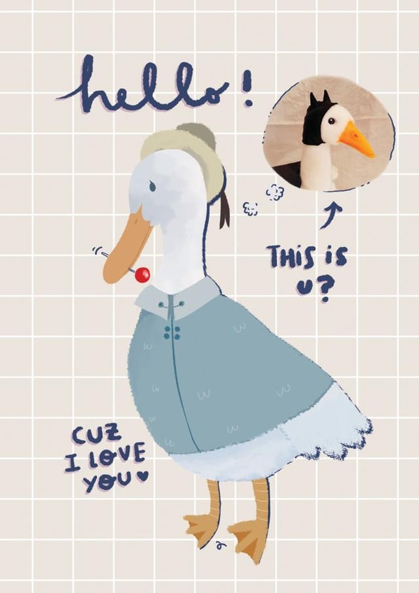 Hello! this is u? cuz I love you-funny cute duck thinking of his special duck created by Six bunny ears
