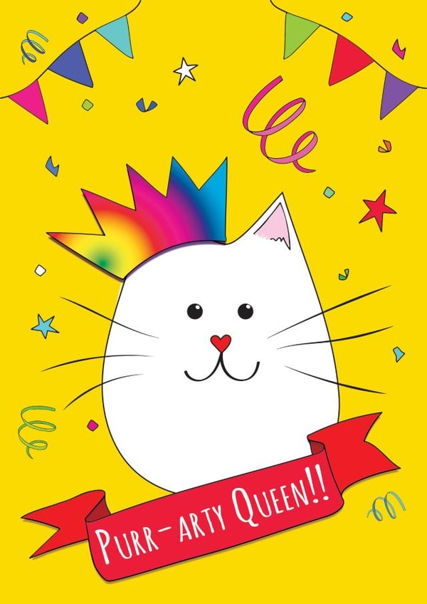 Cute, colourful and fun birthday card for cat lover friends and family created by Kat Pearson