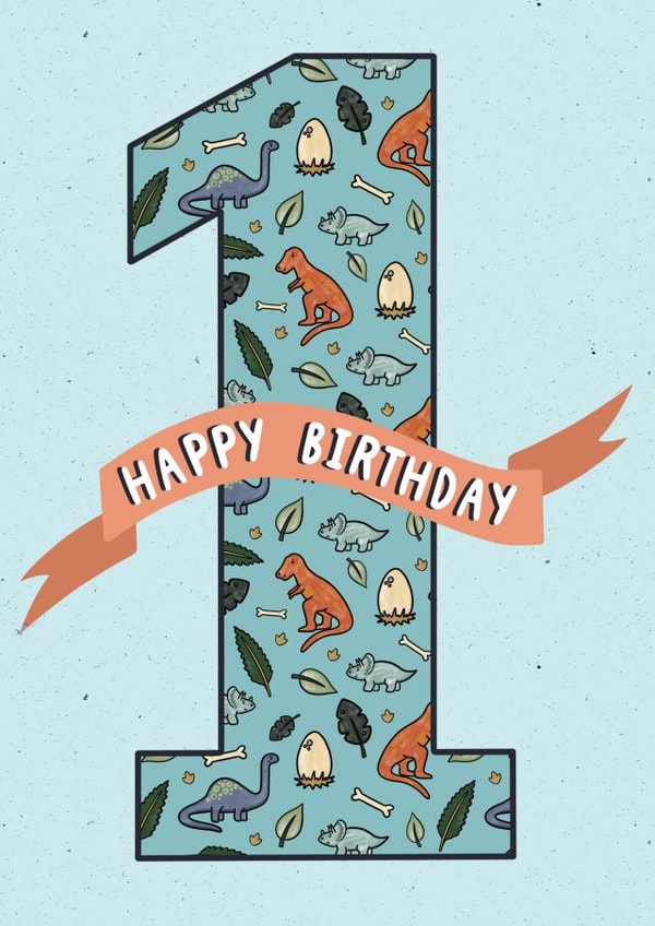 Cute Birthday Card - 1st - Dinosaurs created by Miss Mulberry Pie Illustration