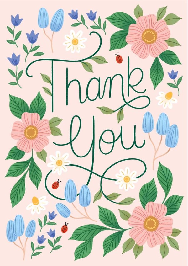 Thank You Card | Pretty | Floral | Hand-Lettering | Pink | Flowers created by Ricicle Cards