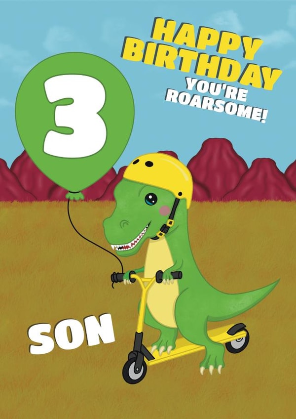 Kids Dinosaur 3rd Birthday Card For Son - Dino Trick Scooter - You're Roarsome created by @Cupsie's Creations