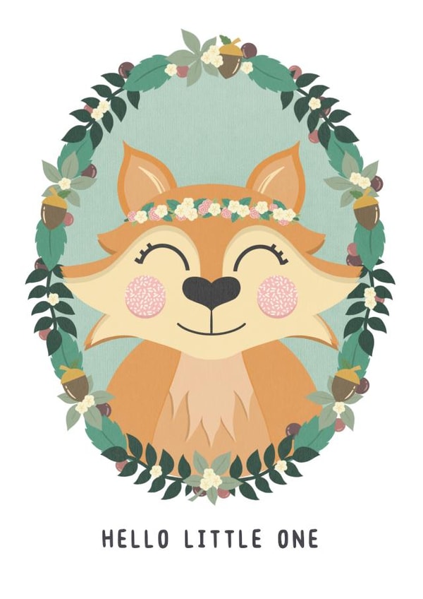 New baby celebration card featuring adorable woodland fox - Hello little one. created by Miss Mulberry Pie Illustration