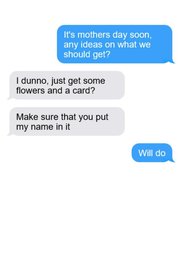 Funny mothers day card - iPhone iMessage conversation between siblings created by Laughable Letters