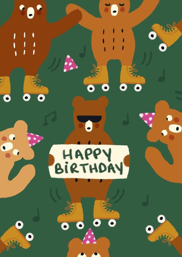 Cute Birthday Card - Cute Bears with roller skates - Nostalgia - 90s created by Yolidoo