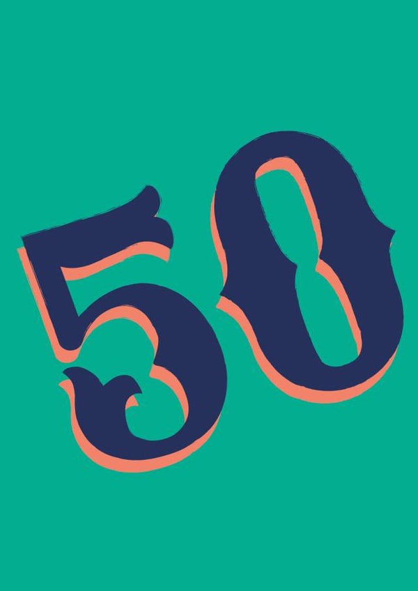 Retro 50th Birthday Card with bright colour-loving design created by Hiya Pal