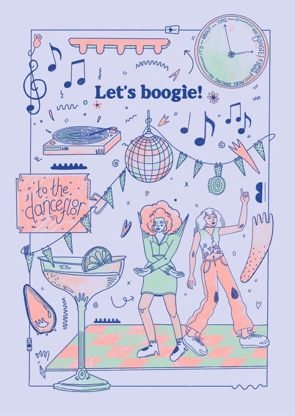 Let’s Boogie! On the dance floor! - Its party time - celebration card created by Alice's Illustrations