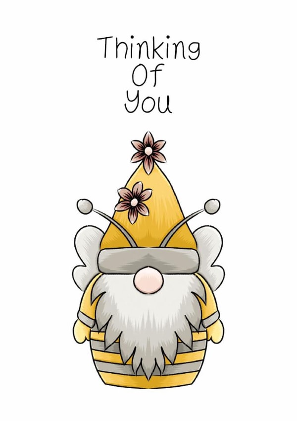Cute sentiment card- Thinking of you, hand drawn bumble bee gnome created by Bonny Shatwell