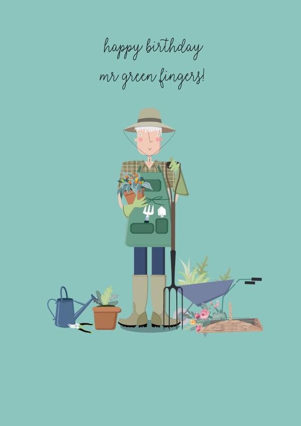 Cute male gardener 'mr greenfingers' card for a garden obsessed guy created by Pink Pig