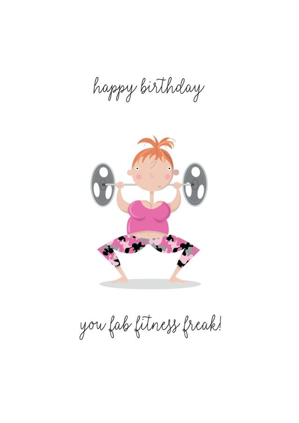 Cute fun female gym card- Happy Birthday you fitness freak! She'll love it! created by Pink Pig