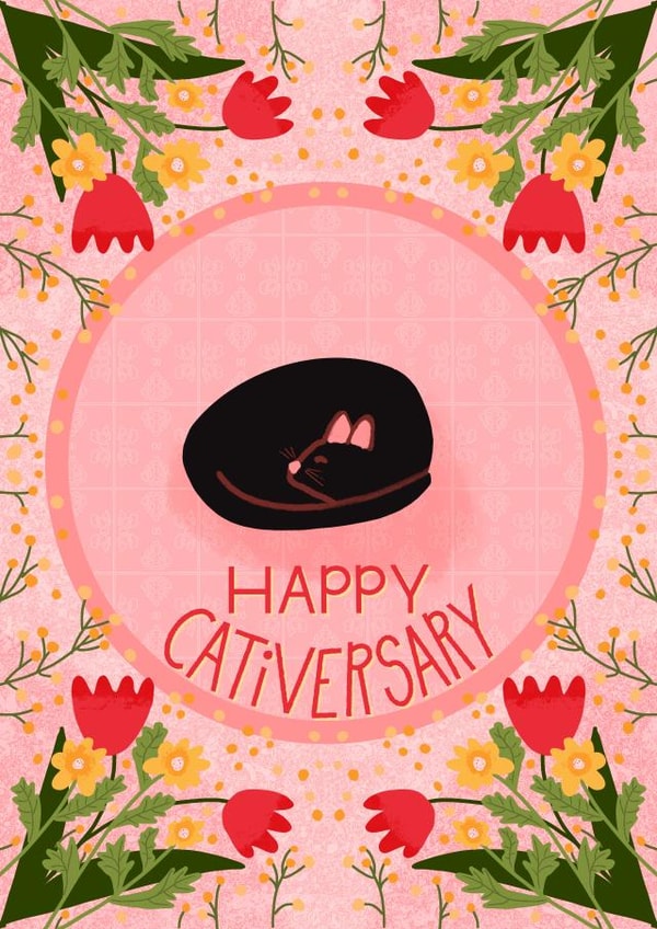 Cute Anniversary Card for the Cat Lover - Spring Flower Cat -  Happy Cativersary created by Ingrid Poole