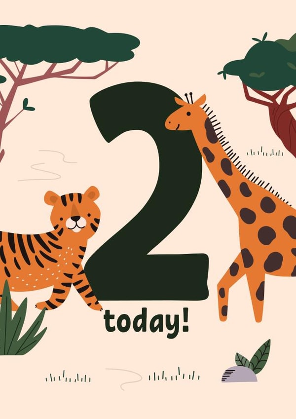 Safari animal birthday card for 2 two old second birthday with tiger and giraffe created by Blush & Blossom