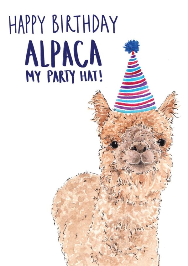 Cute Alpaca Birthday card for animal lovers - Happy Birthday Alpaca my party hat created by Bramble Designs