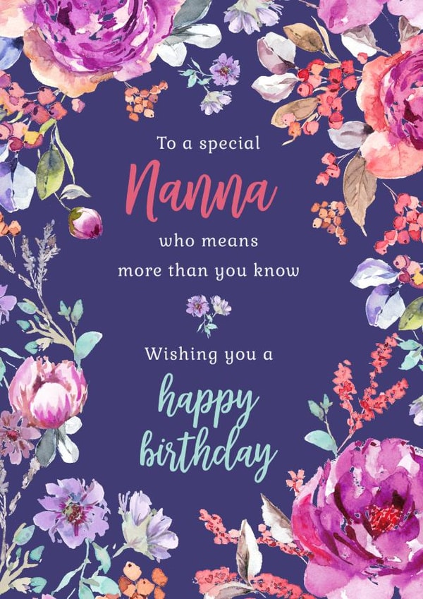 Classic Birthday Card for Nanna - Hand painted floral border created by Rebecca Prinn