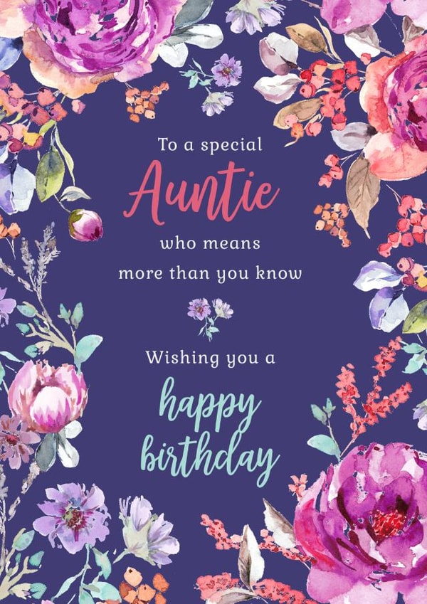 Classic Auntie birthday card - hand painted floral border created by Rebecca Prinn