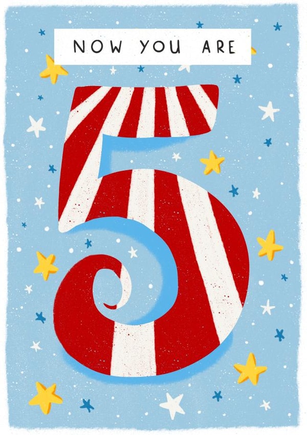 Cute 5th birthday card for children - big 5 with stars - now you are 5 created by Rebecca Bagley