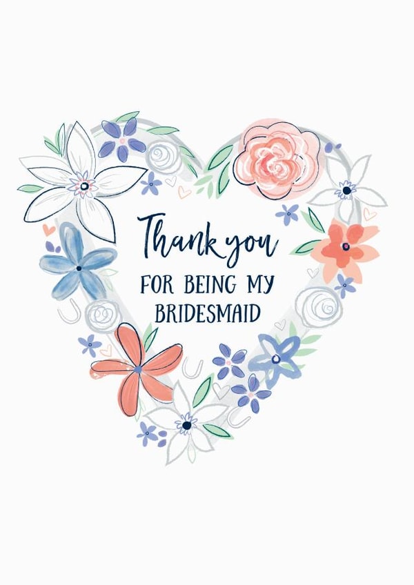 Bridesmaid thank you design with pretty floral heart. created by Katie Phythian Design