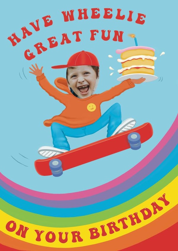 Photo2023, skateboard card, teenager, skater, skateboarder birthday, 5th birthday, 6th birthday, 7th birthday, 8th birthday, 9th birthday, 10th birthday, 11th birthday, 12th birthday, 13th birthday, 14th birthday, 15th birthday, 16th birthday, 18th birthday, teenage boy, skater birthday, skateboarding birthday, skate park, teenage photo card, boys photo card, girls photo card, teenage skateboarder card, rainbow skater, fun birthday card, skater with cake, birthday skater, birthday wheelies, Personalised Photo Card 48716 created by Aimee Beaven
