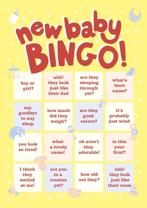 Cute new baby bingo game for new parents created by Holly Newth