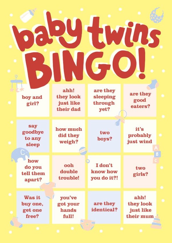 Cute new baby twins bingo card for new parents created by Holly Newth