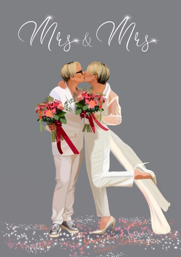 Mrs and Mrs Confetti Card - Love Wins - lesbian wedding - wedding kiss card created by Yamaste Art