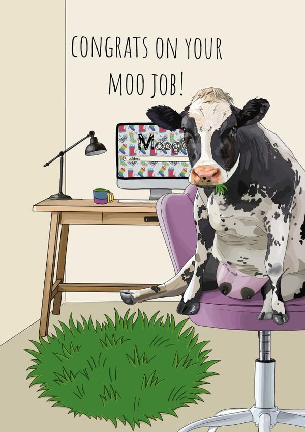 Funny New Job Card - Moo Job - Cow Pun created by Designs by Stace