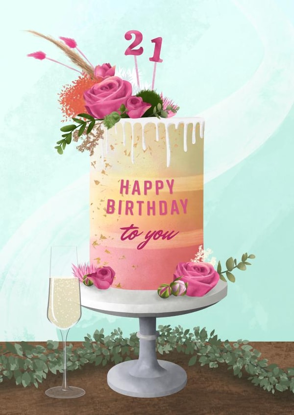 Pretty Birthday Card - 21st - Cake and Prosecco created by Evie Garnett Designs