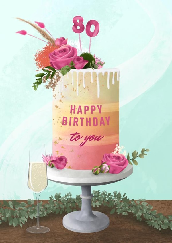 Pretty Birthday Card - 80th - Cake and Prosecco created by Evie Garnett Designs