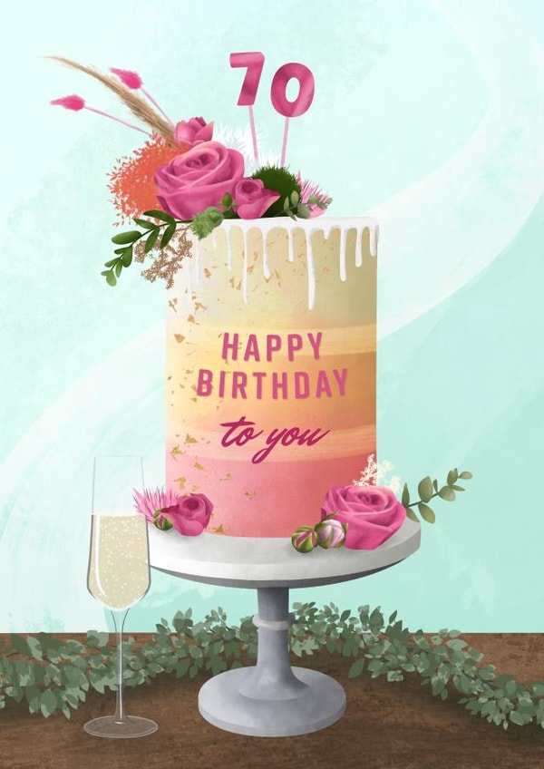 Pretty Birthday Card - 70th - Cake and Prosecco created by Evie Garnett Designs