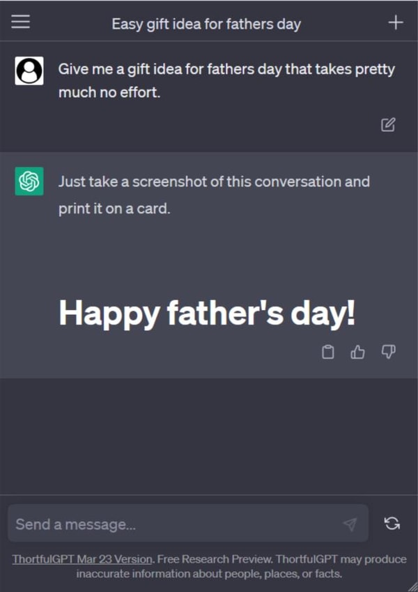 Funny Fathers day card no effort - Message history with ChatGPT created by Laughable Letters