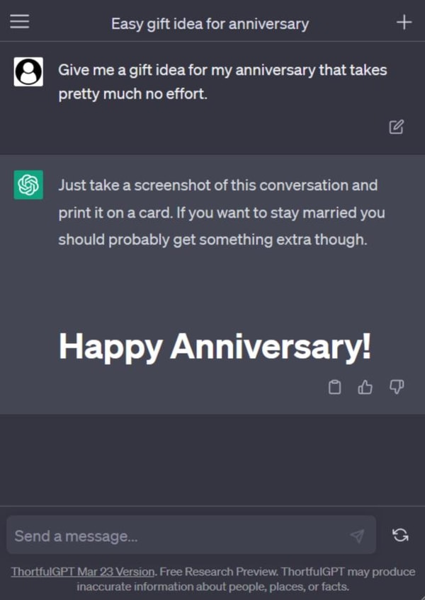 Funny anniversary card - Message history with ChatGPT created by Laughable Letters