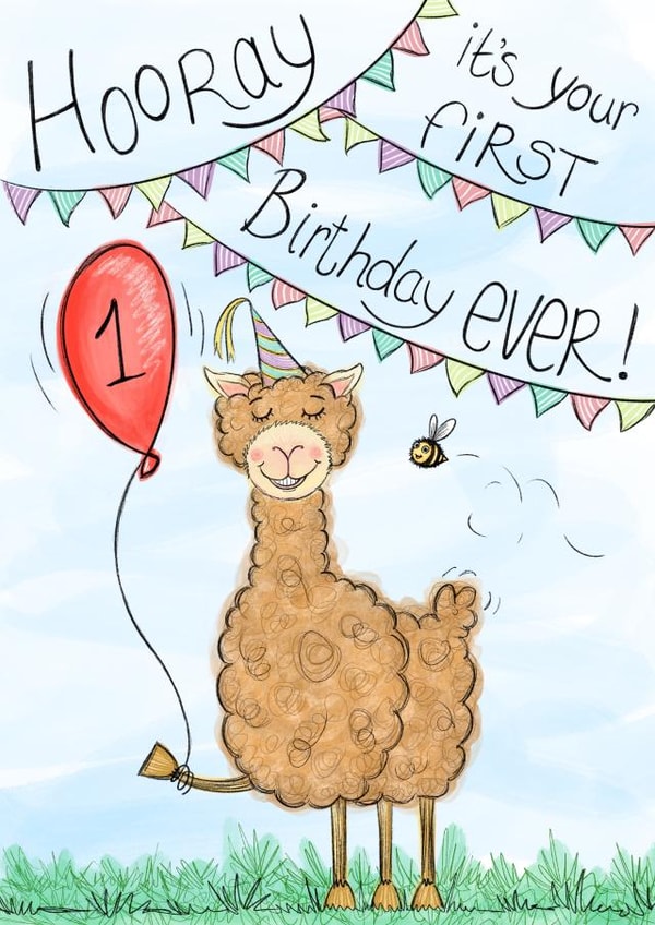 First birthday celebration card with cute alpaca and buzzy bee for boys or girls created by Peach Nut Studio