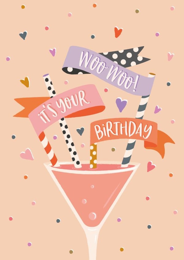 Cute and colourful Birthday card for your friend - Woo Woo cocktail card. created by The Pattern Press
