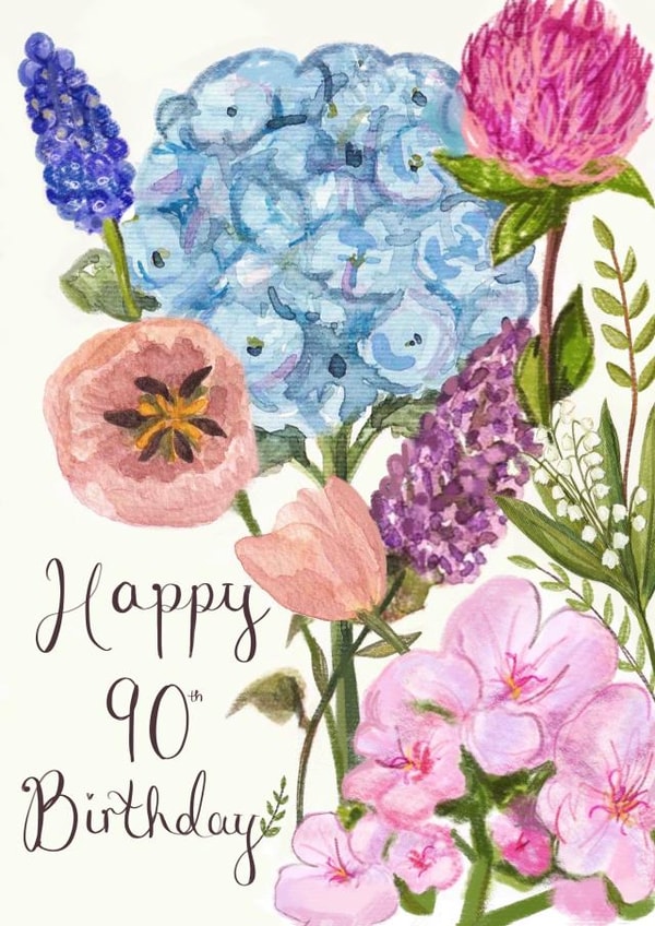 Classic Birthday Card - 90th - Flowers created by Love Lucy Illustration