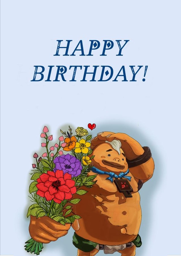 Birthday card with Yunobo from Zelda
for Significant Other / Friend. created by artbyyasminb