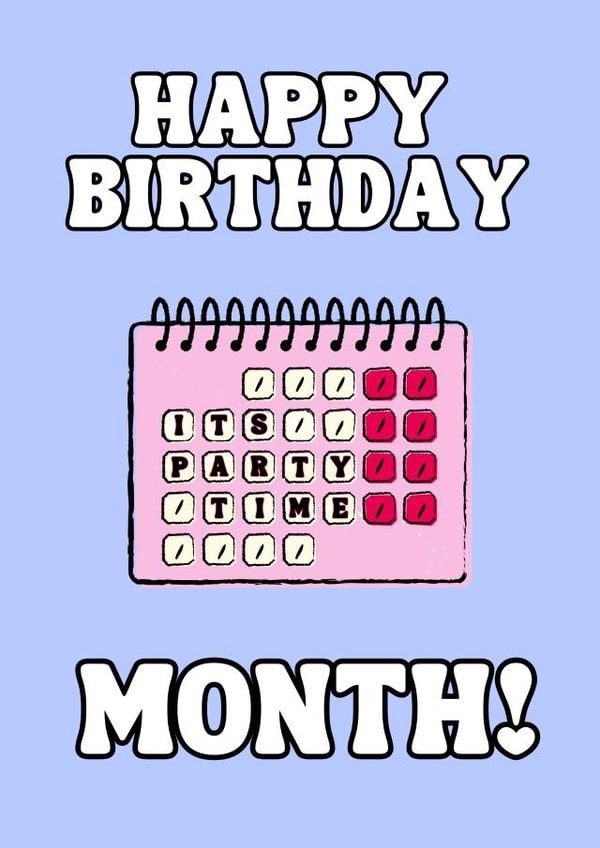 Cute Happy Birthday Card - Pink and Purple - It's Party Time Calendar created by JZW Studios