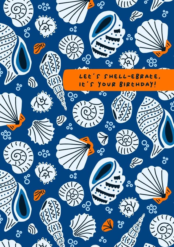 Fun, Beach Theme Birthday Card - Navy Blue Shell Pattern - Let's Shell-ebrate! created by Hannah Maria