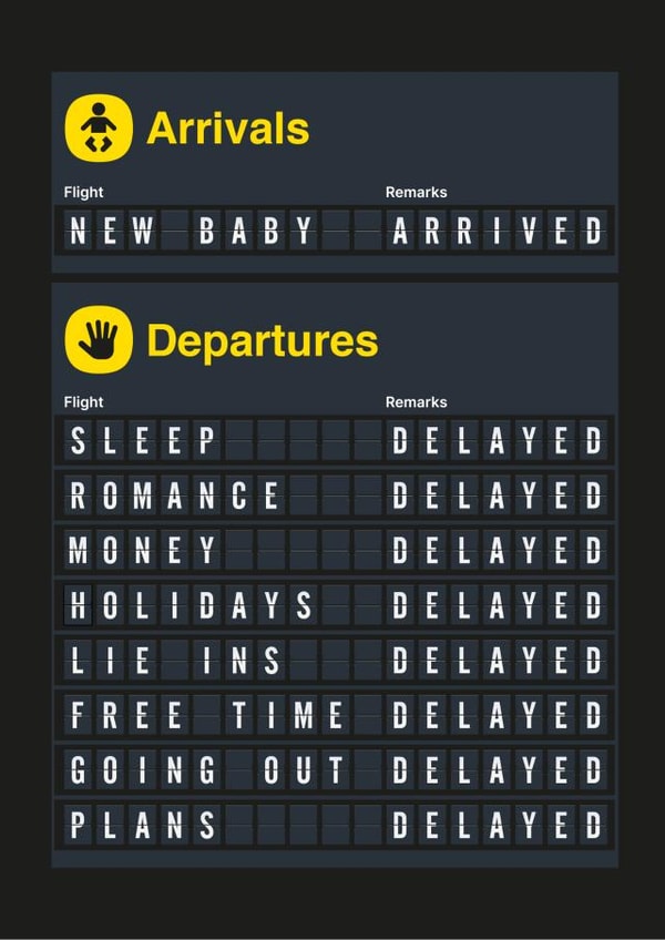 Funny New Baby Card - Departure Board created by Stoats & Weasels
