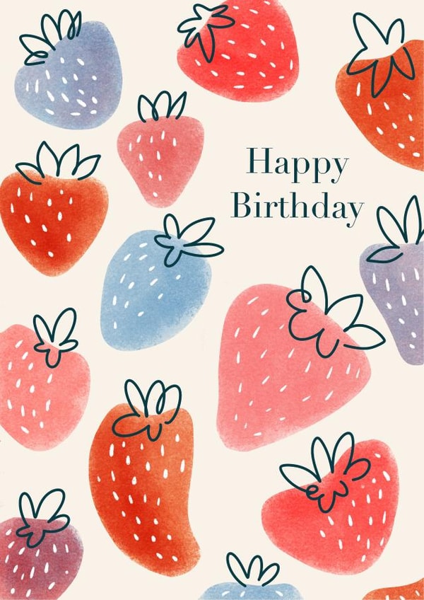 Greeting card with strawberries. Happy birthday card. created by Anastasia Ultramarin