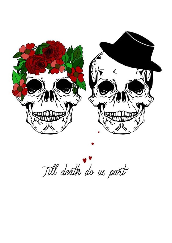 Quirky alternative wedding, anniversary or engagement card.Till death do us part created by Pork Chop Designs