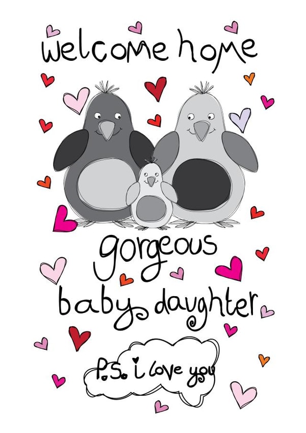 Welcome Home Gorgeous Baby Cute Penguins and Love Hearts - Daughter New Baby Card created by Love and Happy Stuff