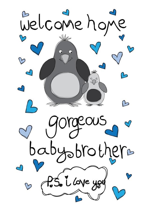 Welcome Home Gorgeous Baby Brother - Cute Penguins and Love Hearts New Baby Card created by Love and Happy Stuff