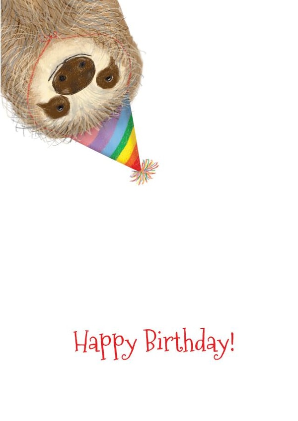 Cute sloth wearing a rainbow party hat birthday card created by LeopardyNonsense