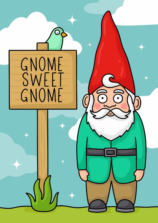 Cute and funny cartoon New Home Card - Gnome Sweet Gnome created by Wafflemamaart