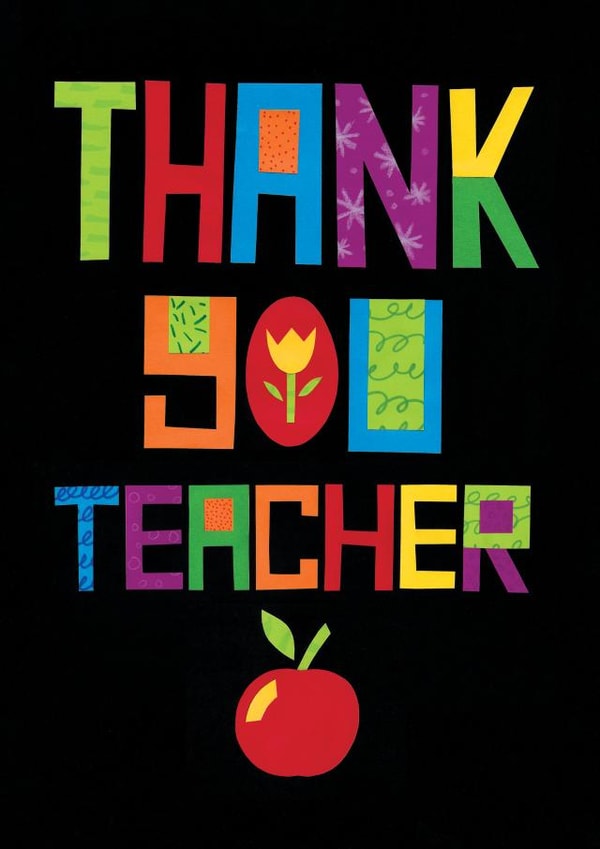 Hand cut paper letters spelling out Thank You Teacher with a red apple gift. created by Slinkeee Illustration