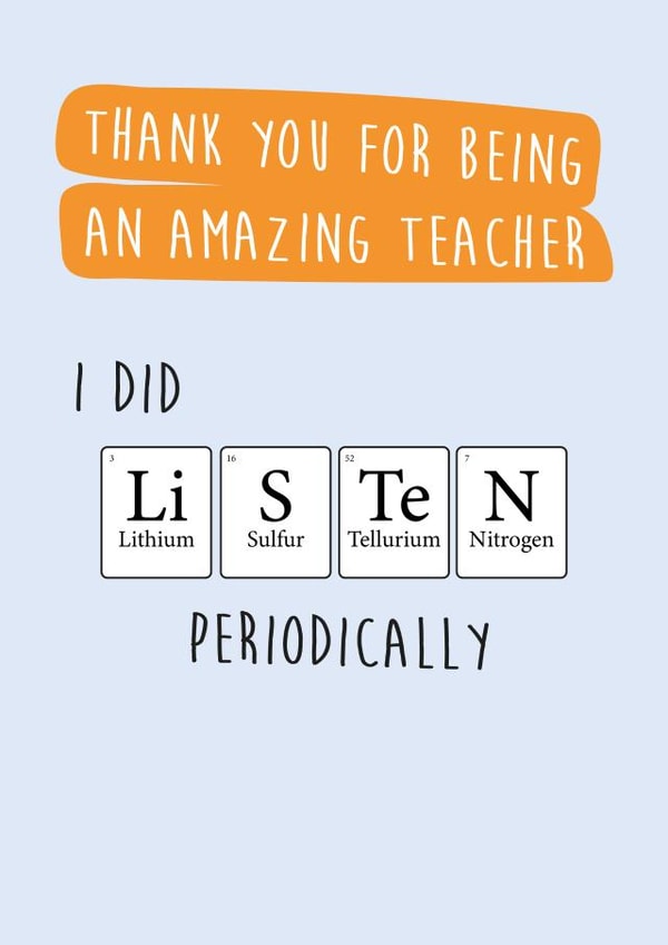 Funny Science Periodic Table themed thank you teacher card created by Rosewood Design